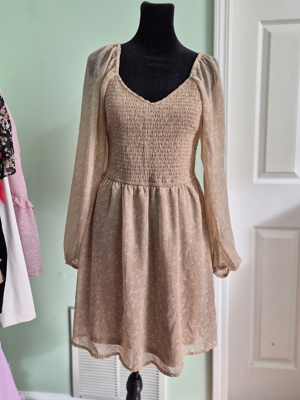 Japna Beige Smocked Bodice Long-Sleeve Mini Dress
